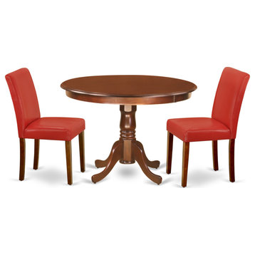 3-Piece Round 42" Kitchen Table, 2 Parson Chair-Mahogany Leg, Firebrick Red