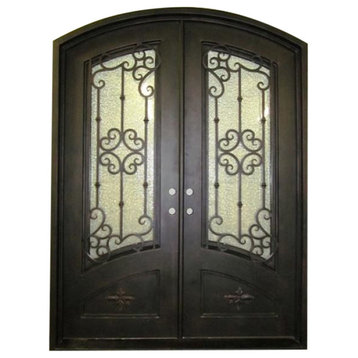 Custom Iron Door With Eyebrow Top and Kickplate 72"x96", Rain Glass