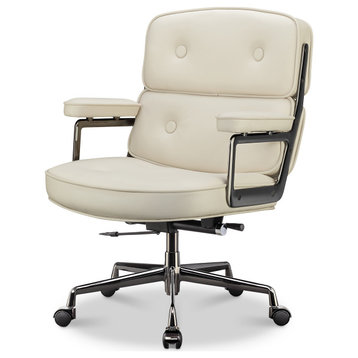 Lobby Chair With Lumbar Support Ergonomic Liftable Mid-Back Executive Chair, Black Chrome&white