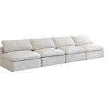 Meridian Furniture - Plush Velvet / Down Standard Comfort Modular Sofa, Cream, 4-Piece: 4 Armless Chair - No matter how big or little the size of your gang, they can all find their sweet spot when you choose pieces from the Plush collection to build your ideal seating group. Choose this individual Plush piece or pair multiple pieces together to get the custom look everyone will love. The soft cream velvet material is soft and welcoming to the touch, and the set's cushions are overstuffed with a down and feather blend to provide ample support for tired bodies.