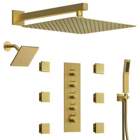 Dual Heads 16" Thermostatic Shower System With Hand Shower, Brushed Gold
