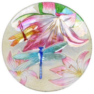 18" Holographic Dragonflies Glass Plate Bird Bath Bowl Decorative Yard Art