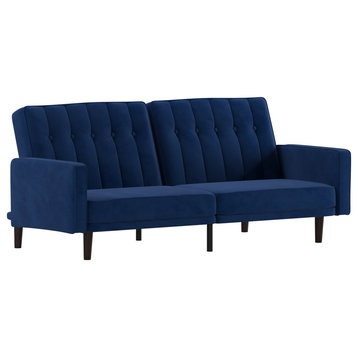 Comfortable Futon Sofa, Velvet Seat With Channel Button Tufted Split Back, Stone, Navy