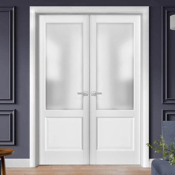French Double Panel Lite Doors 48 x 80 & Hardware | Lucia 22 Matte White & Glass