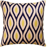 Kashmir Designs - Seamless Navy Yellow Accent Pillow Cover Handembroidered Wool, 18x18" - Kashmir is proud to bring together the modern abstract vector design pillow cover collection, hand embroidered by the finest artisans of Kashmir, into the living spaces of patrons and connoisseur all around the world. These unique, seamless and modern pillow covers would bring together the artistic elements of any room, creating a harmonious design and perfect air of sophistication.