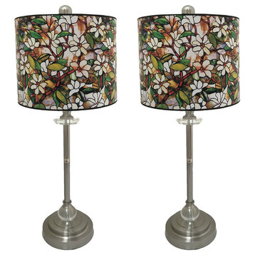 28" Crystal Lamp With Magnolia Stained Glass Shade, Brushed Nickel, Set of 2