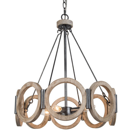 LNC 19.5" Farmhouse 4-Light Brushed Black Round Wood Chandelier