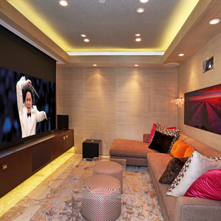 Small contemporary home cinema in Orange County with a projector screen.
