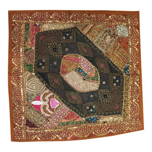 MogulInterior - Decorative Throw Cushion Indian Patchwork Embroidered Sequin Beaded Pillow Color - Decorative Pillows