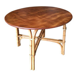 Restored Round "x" Base Rattan Coffee Table with Oak Top - Coffee Tables