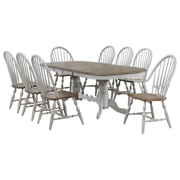 9 Piece Double Pedestal Extendable Dining Table Set, Distressed Gray/Brown