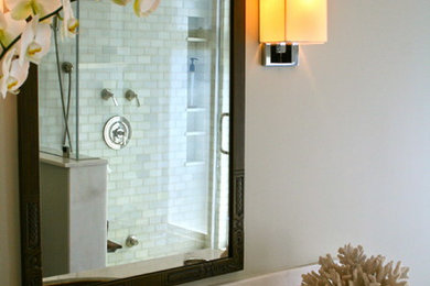 Bathroom - small traditional 3/4 bathroom idea in Los Angeles with dark wood cabinets, a drop-in sink, quartz countertops and gray countertops