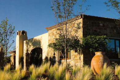 Large mediterranean one-storey beige exterior in Albuquerque with mixed siding.