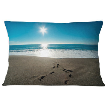 Blue Sea and Footprints in Sand Seascape Throw Pillow, 12"x20"