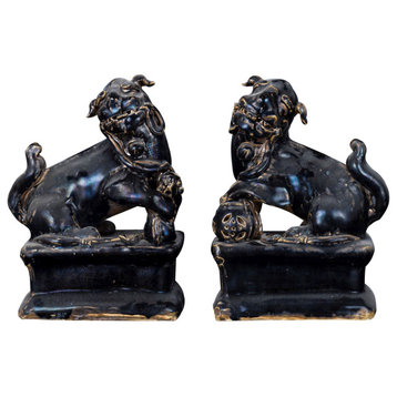 Pair of Black Peking Lion Statues