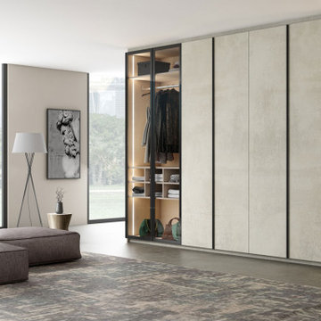 Fitted wardrobe linear glass & wood white chromix supplied by Inspired Elements