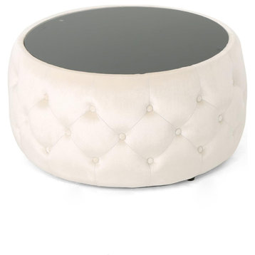 Glam Coffee Table, Button Tufted Velvet Body With Round Black Glass Top, Beige