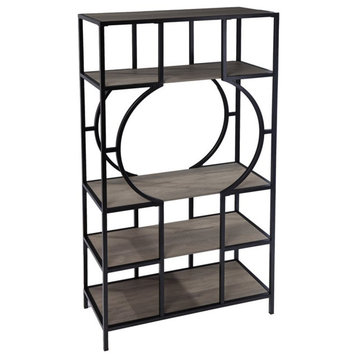 Maklaine Transitional 5 Tier Metal Bookcase in Natural and Black