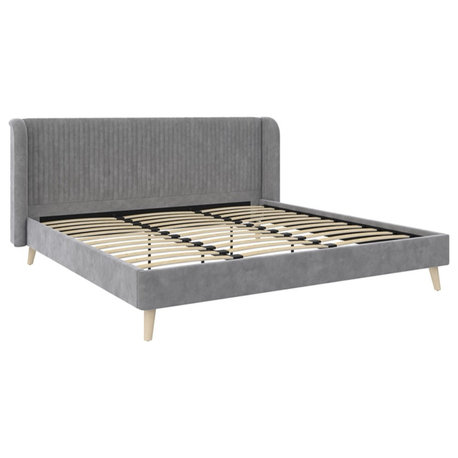 Novogratz Holly Upholstered Wingback Bed Frame King Light Gray Velvet