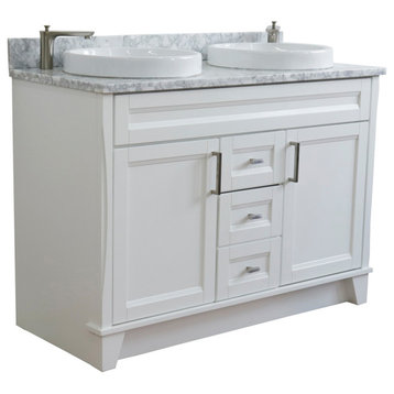 48" Double Sink Vanity, White Finish With White Carrara Marble And Round Sink