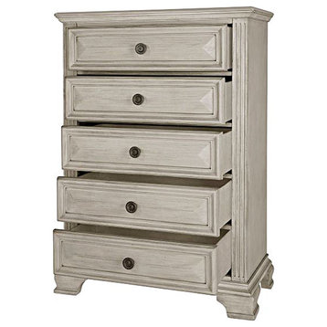 Classic Vertical Dresser, 5 Drawers With Beveled Front & Round Knobs, Distressed