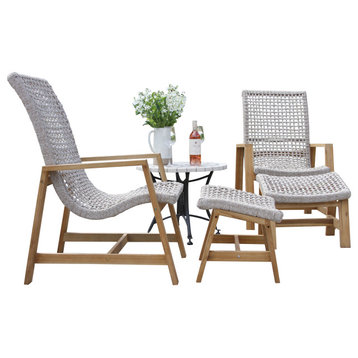 5-Piece Nautical Rope and Teak Lounger Set With Spanish Marble Accent Table