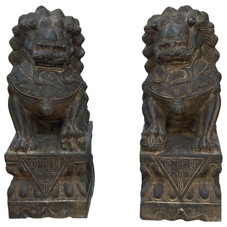 15" Pair Chinese Rustic Stone Fengshui Foo Dogs Lions Statue Hws3625C