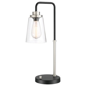 Table Lamp, Brushed Nickel & Black With Clear Glass Shade
