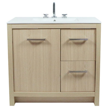 Single Sink Vanity, Neutral Finish With White Ceramic Top, 36"
