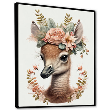 Cute Baby Flamingo With Floral Crown  Framed Canvas, 12x20, Black