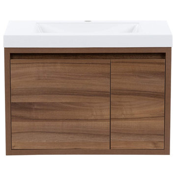 Wall Mounted Bathroom Vanity, Caramel Body With Integrated White Sink Top