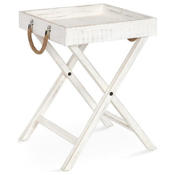 Vintage End Table, Crossed Metal Base & Square Tray Top With Rope Handle, White
