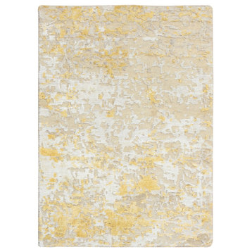 Gold/Cream Hand Knotted Abstract Hi/Low Pile Wool and Silk Mat Rug, 2'0"x2'9"
