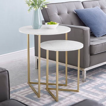 2-Piece V-Leg Nesting Side Tables, White Faux Marble/Gold