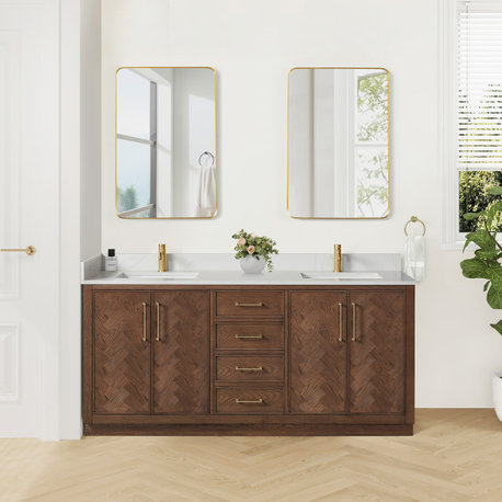 Jakarta Bath Vanity, Quartz Top No Mirror, Dark Brown Oak, 72", Double Vanity