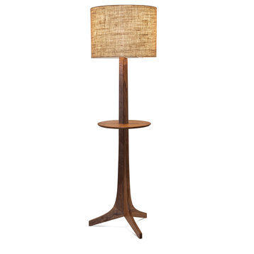 Nauta Floor Lamp, Brushed Brass, Walnut, Burlap, Matching Wood Shelf With Exposed Top Surface
