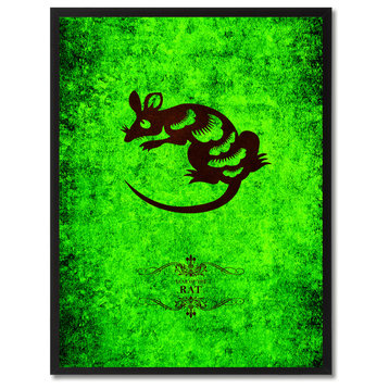 Rat Chinese Zodiac Green Print on Canvas with Picture Frame, 22"x29"