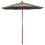 March Products - 7.5' Wood Umbrella, Spectrum Dove - The classic look of a traditional wood market umbrella by California Umbrella is captured by the MARE design series.  The hallmark of the MARE series is the beautiful 100% marenti wood pole and rib system. The dark stained finish over a traditional marenti wood is perfect for outdoor dining rooms and poolside d-cor. The deluxe push lift system ensures a long lasting shade experience that commercial customers demand. This umbrella also features Sunbrella fabrics, which are built on a foundation of solution-dyed acrylic yarn, the most resilient and solid material for prolonged sun exposure, to offer even longer color retention rating than competing material sources.