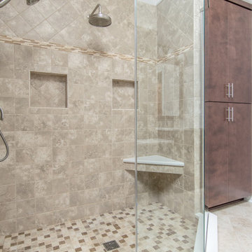 Full Length Glass Walls with Dual Rain Shower Fixtures and Built-In Shower Bench