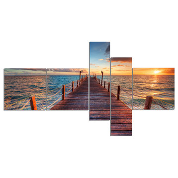 Sunset over Wooden Sea Pier, Modern Canvas Art Print, 60"x32", 5 panels