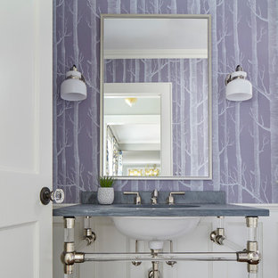 Transitional powder room photo in Boston with purple walls, an undermount sink and gray countertops