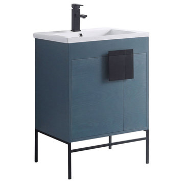 Modern Blue Bathroom Vanity Set, Black Matte Hardware, Vireous China Sink Top