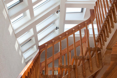 Large minimalist wooden curved wood railing staircase photo in DC Metro with wooden risers