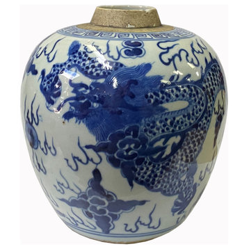 Oriental Handpainted Dragon Small Blue White Porcelain Ginger Jar Hws2318