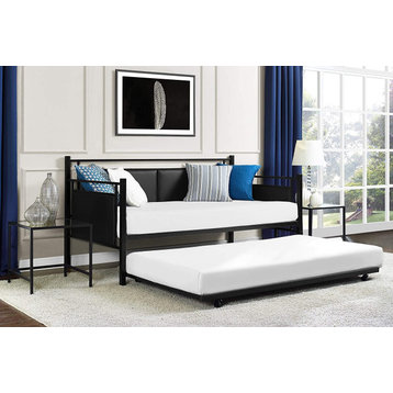 Modern Daybed, Metal Frame and Faux Leather Upholstery With Trundle, Black