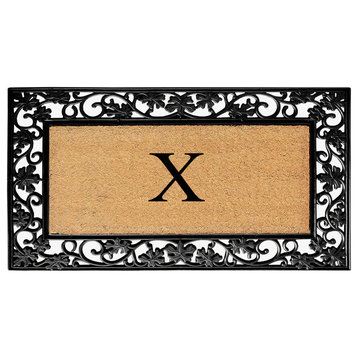 A1HC Floral Border Black 18x30 Rubber and Coir Heavy Duty Monogrammed Doormat, X
