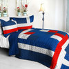 Navy 3PC Cotton Vermicelli-Quilted Patchwork Geometric Quilt Set-Full/Queen Size