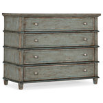 Hooker Furniture - Alfresco Costiere Chest - With understated style and exquisite design details, the four-drawer Costiere Chest exudes character. Crafted of Oak Veneers with a solid wood edge top, the Costiere is finished in Normandy, a dark blue gray with scraping for a vintage feel. A touch of elegance is added with knob hardware in a hand hammered Florentine gold color. Drawers have self-closing undermounted drawer guides for ease of operation.