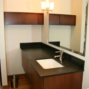 Walnut floating vanity and medicine cabinet