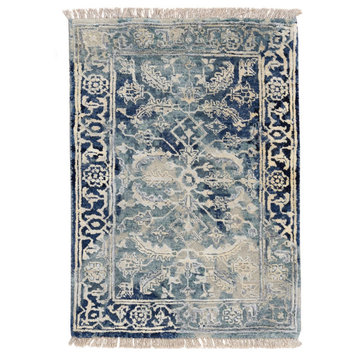 Blue/Teal Erased Wool And Silk Hand Knotted Broken Persian Mat Rug, 2'0"x3'0"